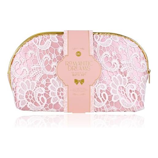 accentra - set regalo da donna romantic dreams 3 pezzi - set da bagno con borsa per cosmetici, gel doccia e spugna a rete - set benessere per donne e ragazze per compleanno e san valentino
