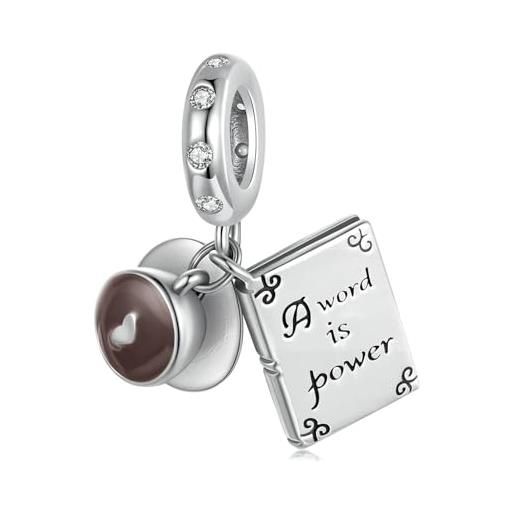 BRBRB perlina con ciondolo a forma di caffè e libro for la creazione di braccialetti - ciondolo fai da te in argento sterling 925 compatibile con pandora, biagi, troll e chamilia - perlina fatta a man