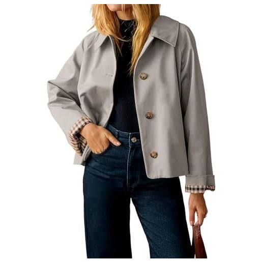 Generico trench corto da donna leggero classico collo con revers monopetto giacca foderata a quadri capispalla autunnale con tasche soprabito casual (grigio, s)