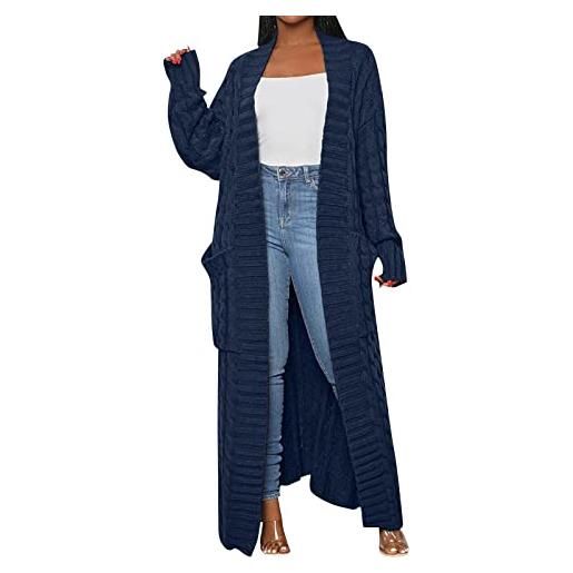 LZPCarra cappotto lungo da donna, lunghezza alla caviglia, per donna, lungo, a maglia grossa, per le mezze stagioni, con cappuccio, elegante, cardigan di grandi dimensioni, blu, xl