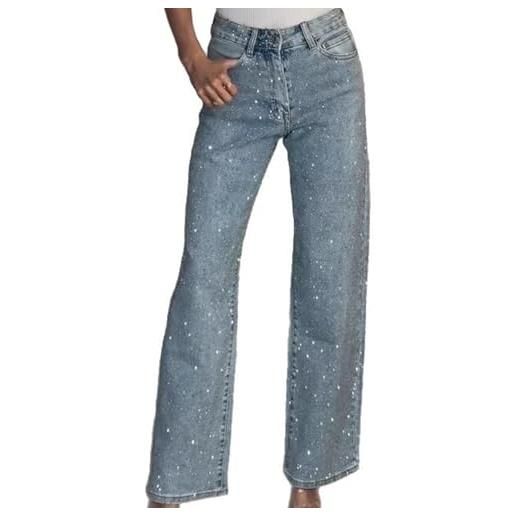 Generico jeans da donna con strass baggy y2k a vita alta gamba dritta e ampia pantaloni casual alla moda scintillanti per feste discoteche festival e abbigliamento quotidiano da strada (blu, s)