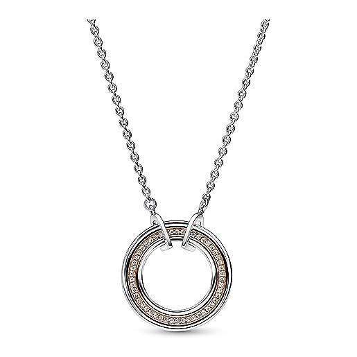 PANDORA signature collana con pavé e cerchio con cuori in argento sterling e placcato in oro rosa 14 carati con zirconi cubici trasparenti50