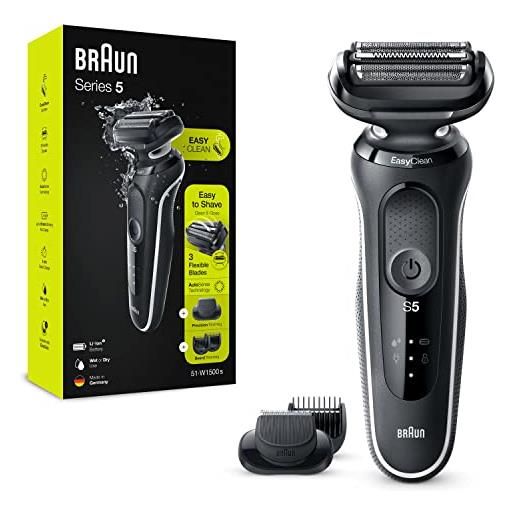 Braun serie 5 rasoio elettrico barba accessorio regolabarba incluso, con lame flessibili, tecnologia auto. Sense e easy. Clean, wet&dry, ricaricabile, idea regalo, 51-w1500s bianco