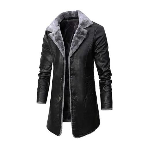 Generisch cappotto in vera pelle, da uomo, nero, lungo, western - giacca invernale calda, per le mezze stagioni, termica, in pelle, traspirante, con chiusura lampo, nero , m