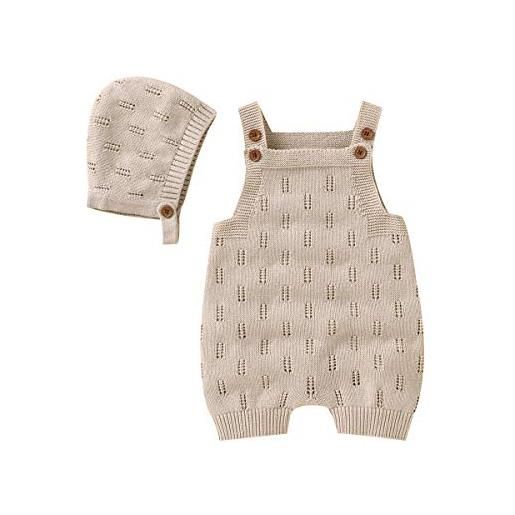 Alunsito pagliaccetto lavorato a maglia per bambina e bambino, tutina intera senza maniche, con cappello, completo in 2 pezzi 70 kaki 3-6 mesi