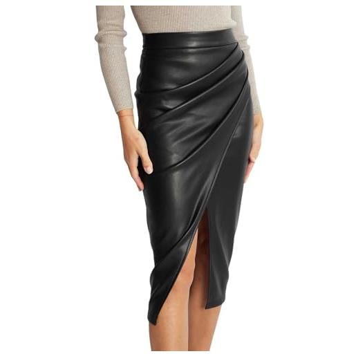 Generisch gonna midi da donna in similpelle a vita alta, spacco sul davanti, cerniera posteriore increspata, attillata, lunga, linea a, rosa, nero , s