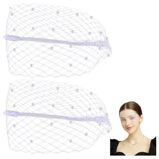 GORGECRAFT 2 pezzo velo a rete fascia per capelli bianco poliestere velo da sposa da sposa fascinator vintage fascia in pizzo a rete tea party copricapo con velo e perline di plastica per le donne