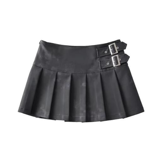 RSBFK minigonna casual da donna in pelle pu con fibbia, taglio ad a, gonna a pieghe, nero , m