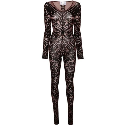 Wolford x etro tuta intera body tattoo con scollo a v - marrone