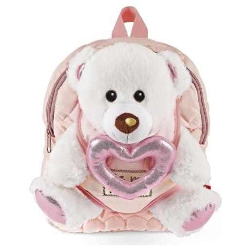 PERLETTI zainetto bambina con orsetto peluche - zaino asilo bimba bimbo morbido rosa con orso polare estraibile - mini zaino regalo bambino 3 4 5 6 anni spallacci regolabili - dimensioni 27x21x9cm