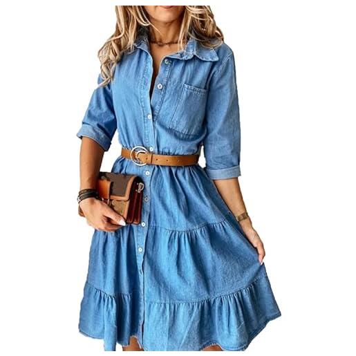 VIVICOLOR abito da donna in denim leggero con scollo a v, casual, ampio e fluido, con camicia di jeans, abito corto in jeans