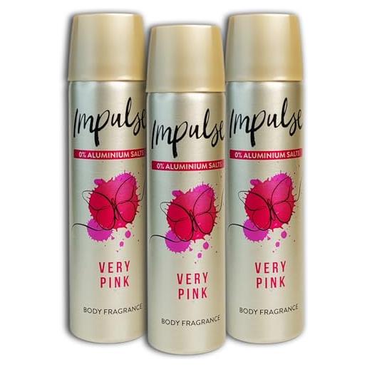 Impulse confezione da 3 deodorante spray Impulse very pink senza alluminio, 3 x 75 ml, deodorante