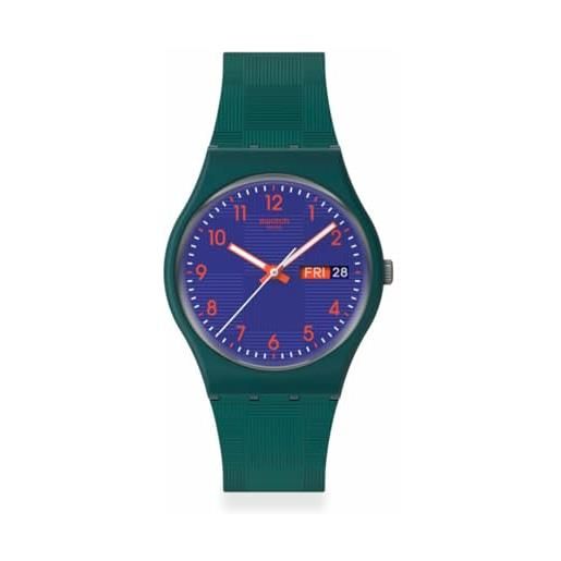 Swatch orologio analogico, quadrante blu con numeri arancioni, cassa e cinturino verde scuro opaco, indicatore giorno e data so28n706