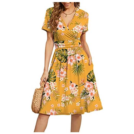WEACZZY abito estivo da donna, a maniche corte, casual, con scollo a v, motivo floreale, con tasche, verde foglia giallo, l