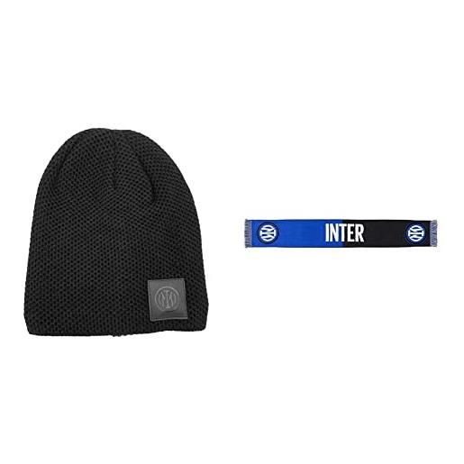 Inter, cappello unisex-adulto, nero, free size & sciarpa nuovo logo jaquard, diverse colorazioni, stadio unisex-adulto, bicolore nero/blu, taglia unica