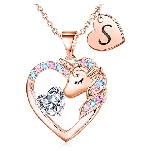 TINGN unicorno regalo per ragazze - collana con unicorno per ragazze placcato oro 14 carati, collana a forma di unicorno, collana con ciondolo a forma di cuore, collana con lettere, collana per