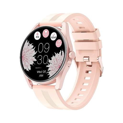HUAKUA smartwatch donna chiamate e whatsapp rotondo smart watch bluetooth orologio fitness sportivo contapassi da polso cardiofrequenzimetro saturimetro notifiche messaggi ciclo mestruale sonno rosa