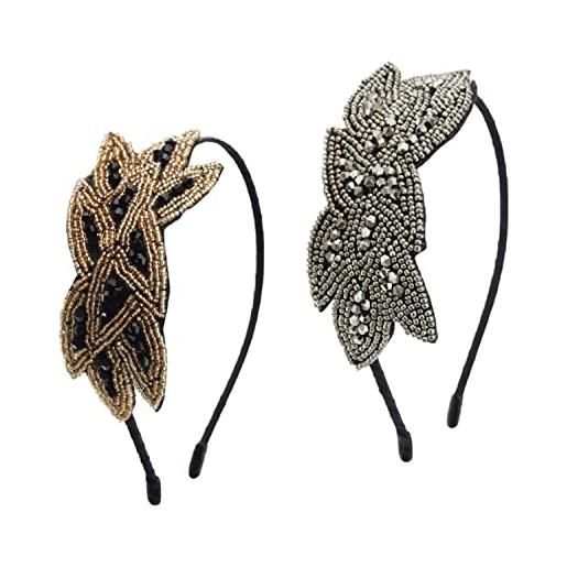 CCHAMP 2 fasce per capelli vintage eleganti con perline, stile anni '20, accessori per capelli per donne e ragazze per feste in costume anni '20 (argento, nero e oro)