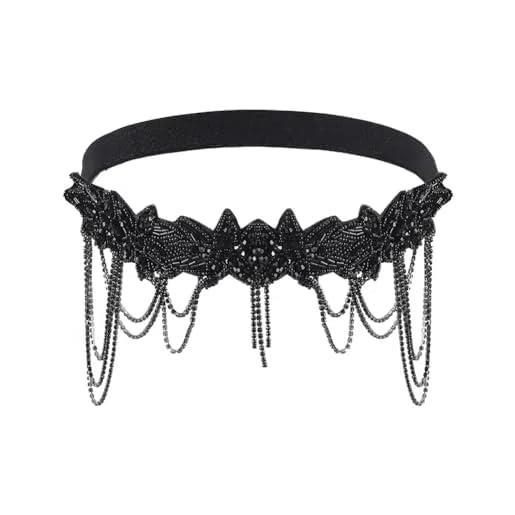 AHANDMAKER copricapo anni '20 ruggente, in tessuto con strass, fasce elastiche con motivi floreali pendenti con perline nere, gioielli per balli, anniversari, accessori per capelli vintage da donna