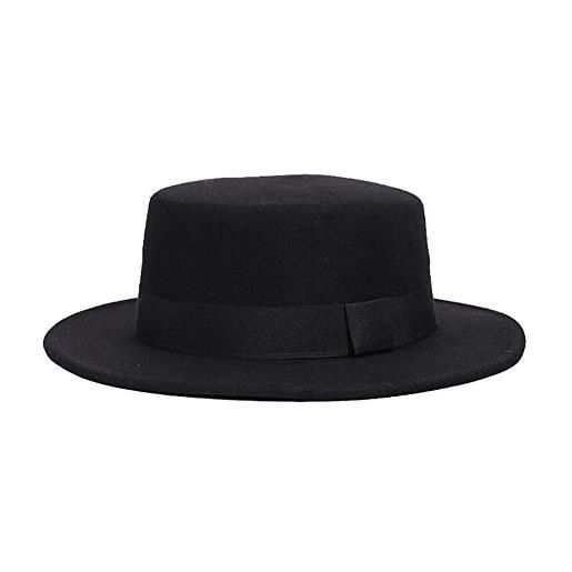 iSpchen butterme moda larga del bordo di fedora lana flat top chiesa cappello derby bowknot tappo per adulti donne uomini autunm inverno (nero)