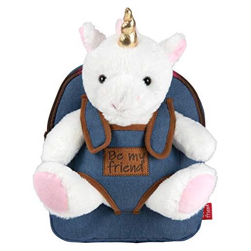 PERLETTI - zaino bambina bambino 3 4 5 anni - peluche unicorno bianco - zainetto borsa effetto jeans bimbo bimba scuola asilo viaggi - cartella scolastica morbida - 21x27x9 cm (unicorno)