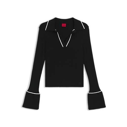HUGO maglione in maglia con colletto polo e profili a contrasto, nero