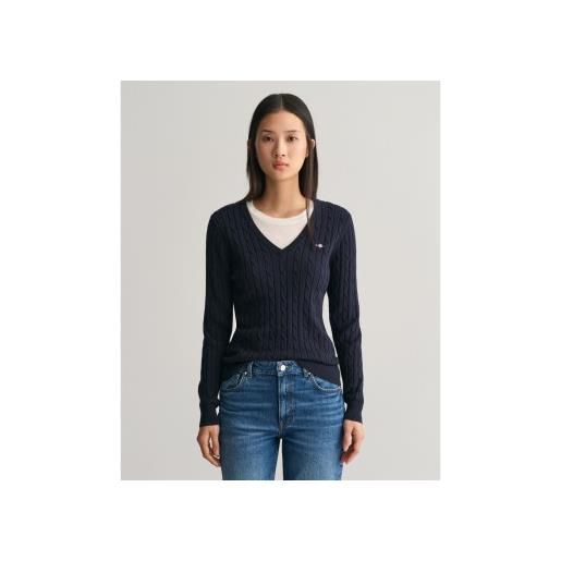 Gant per donna. 4800101 maglia con scollo a v a trecce in cotone stretch blu navy [3090434], casual, manica lunga