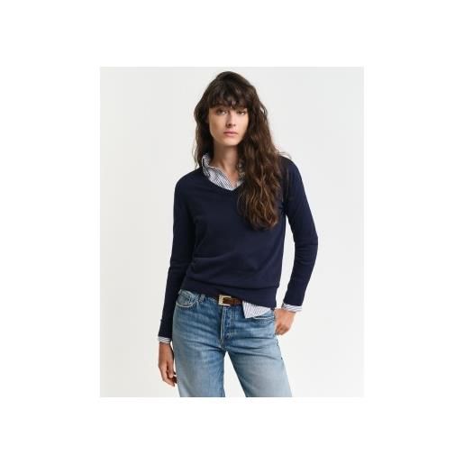 Gant per donna. 4800400 maglione con scollo a v in maglia fine blu scuro [3223631], casual, cotone biologico, sostenibile, navy
