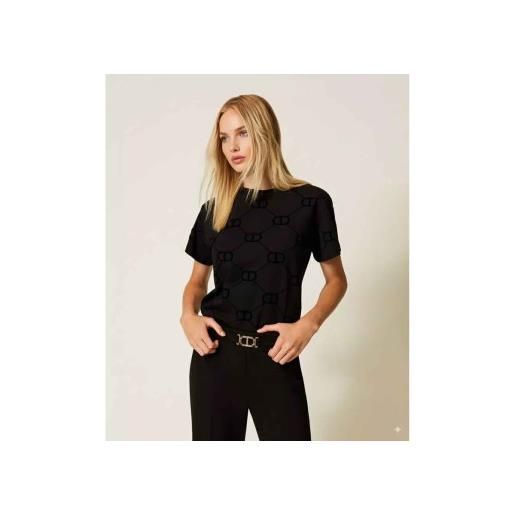 Twinset per donna. 252tp2055 t-shirt ovale nera con stampa floccata [3250206], nero, casual, cotone, manica corta