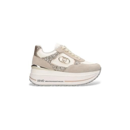 Liu Jo per donna. Bf5011px078s3834 sneakers beige con plateau alto in nylon e glitter [3250345], pelle, 5 a 8cm, stringhe, casual