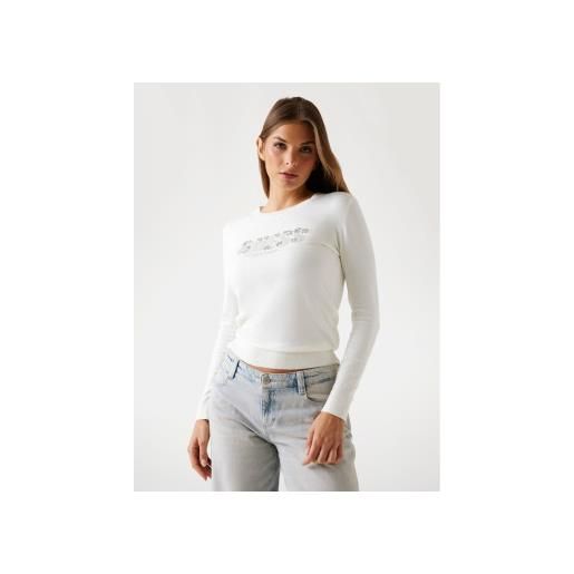 Guess per donna. W5br40z2nq2 maglione con logo frontale in strass bianco sporco [3250403], casual, viscosa