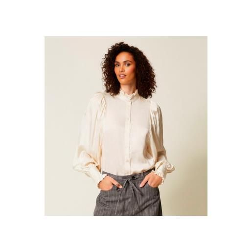 Twinset per donna. 252tt2362 camicia in raso jacquard bianco sporco con volant [3279528], casual, viscosa, manica lunga