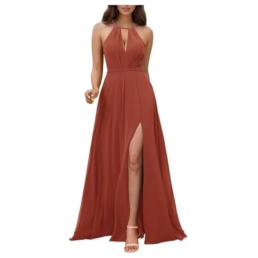 WSEYU abiti da damigella d'onore in chiffon da donna per matrimonio una linea lunga formale abiti da sera con fessura, terracotta. , 42