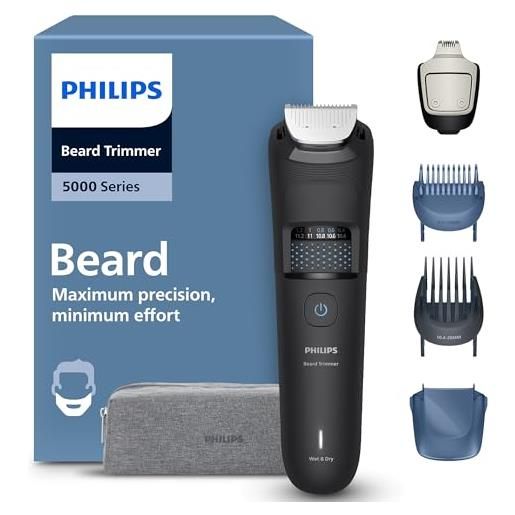 Philips regolabarba Philips serie 5000 - lame in metallo autoaffilanti, 40 impostazioni di lunghezza, tecnologia beard. Sense, raccoglitore per peli, 100% impermeabile, custodia da viaggio, modello bt5765/15