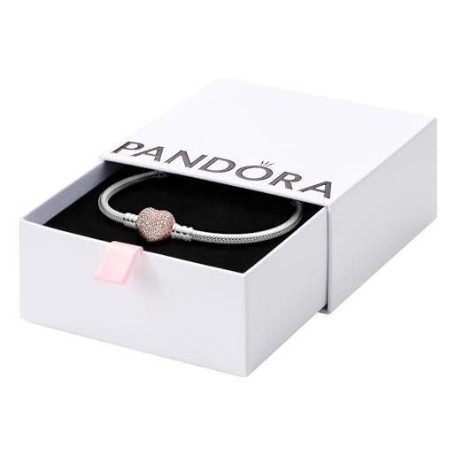 PANDORA icons bracciale in argento in maglia snake con chiusura a forma di cuore placcata in oro rosa 14 carati e zirconi cubici trasparenti, 16
