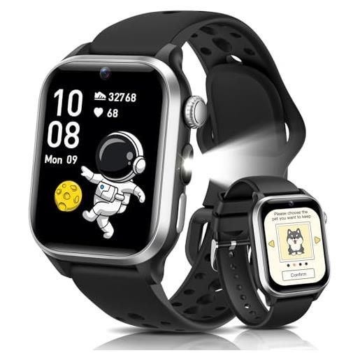 RUXINGX 2025 smartwatch bambini, 1,52 orologio smartwatch bambino con 170+ sports, pet digitale, frequenza cardiaca, sonno, audiolibri, flashcard, 20 giochi, contapassi ip68, 4-12 anni regalo, nero