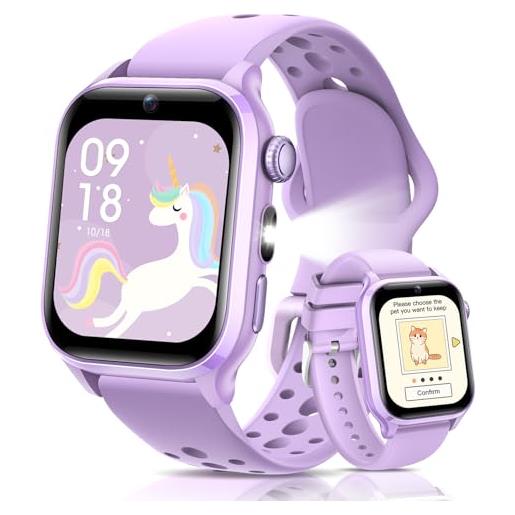 RUXINGX 2025 smartwatch bambini, 1,52 orologio smartwatch bambina con 170+ sports, pet digitale, frequenza cardiaca, sonno, audiolibri, flashcard, 20 giochi, contapassi ip68, 4-12 anni regalo, viola