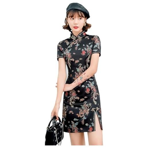 ZNLFS donna, abito cheongsam con collo a mandarino, maniche corte, aderente, con spacchi laterali, stampa floreale, drago, mini qipao, drago nero. , 42