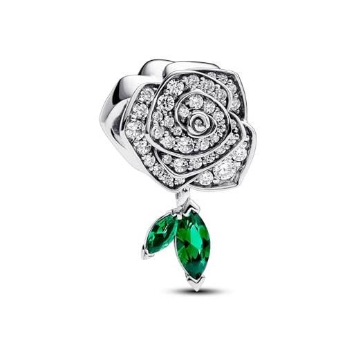 PANDORA ciondolo moments a forma di rosa in argento sterling con zirconia cubica trasparente e cristallo verde reale