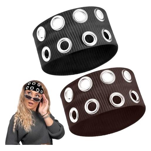 LUMOOM 2 fasce elastiche da donna y2k ragazze punk grunge larghe fasce per capelli con occhielli, accessorio elastico casual per capelli per allenamento e yoga
