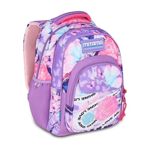 Mitama zaino scuola love&shine, new plus, triplo scomparto, tasche porta borraccia, spallacci ergonomici, scuola elementare bambina, media