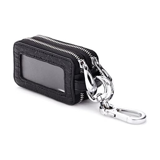 PORRASSO astuccio portachiavi vera pelle auto del sacchetto portachiavi portatile doppia cerniera raccoglitore chiave car key case per uomo donna nero