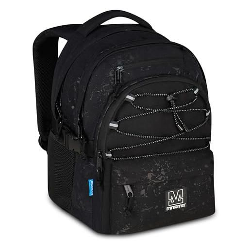 Mitama zaino scuola #bdbf black splash, nero, zaino triplo scomparto, tasca porta borraccia, porta usb integrata, larghezza regolabile, zaino scuola media e superiore, ragazza