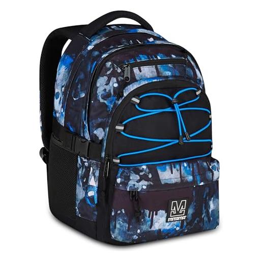 Mitama zaino scuola #bdbf bluedrops, blu, zaino triplo scomparto, tasca porta borraccia, porta usb integrata, larghezza regolabile, zaino scuola media e superiore, ragazzo