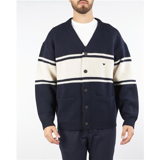 EMPORIO ARMANI cardigan blu-panna scollo a v in lana vergine punto felpa