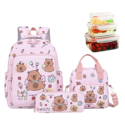 Generic capybara - zaino con portapranzo, set di libri in stile cartone animato, per bambini e ragazze, con astuccio e borsa per il pranzo, per scuola e viaggio, rosa, refer to description