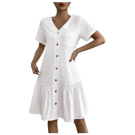 FNKDOR abito estivo da donna, lunghezza al ginocchio, elegante, in lino, con maniche corte, scollo a v, con bottoni, leggero e arioso, con tasca sul petto, bianco, xl