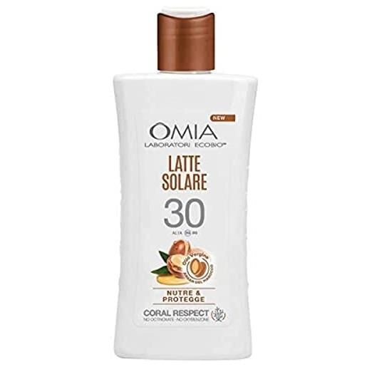 Omia, latte solare protettivo sp30 viso e corpo con olio di argan del marocco, protezione solare alta, per pelli chiare e sensibili al sole, dermatologicamente testato, flacone da 200 ml