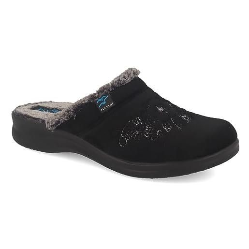 Fly Flot | classic woman, pantofole donna ricamata, ciabatta con tomaia in morbida microfibra, sottopiede peluche antishock, nero, 40