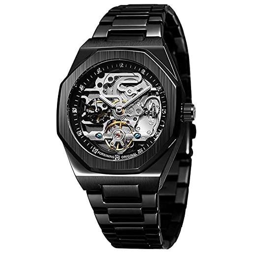 Tiong orologio meccanico automatico da uomo con scheletro militare, in acciaio inox, impermeabile, orologio da polso da uomo, design analogico alla moda steampunk luminoso (nero)